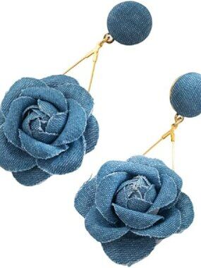 NEW Boho Denim Camellia Flower Dangle Hook Long Earrings 3 Layered Tiered Trendy